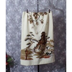 Alfred Shaheen Vintage Skirt 70s Japanese Asian Print Shantung Size Small S/M